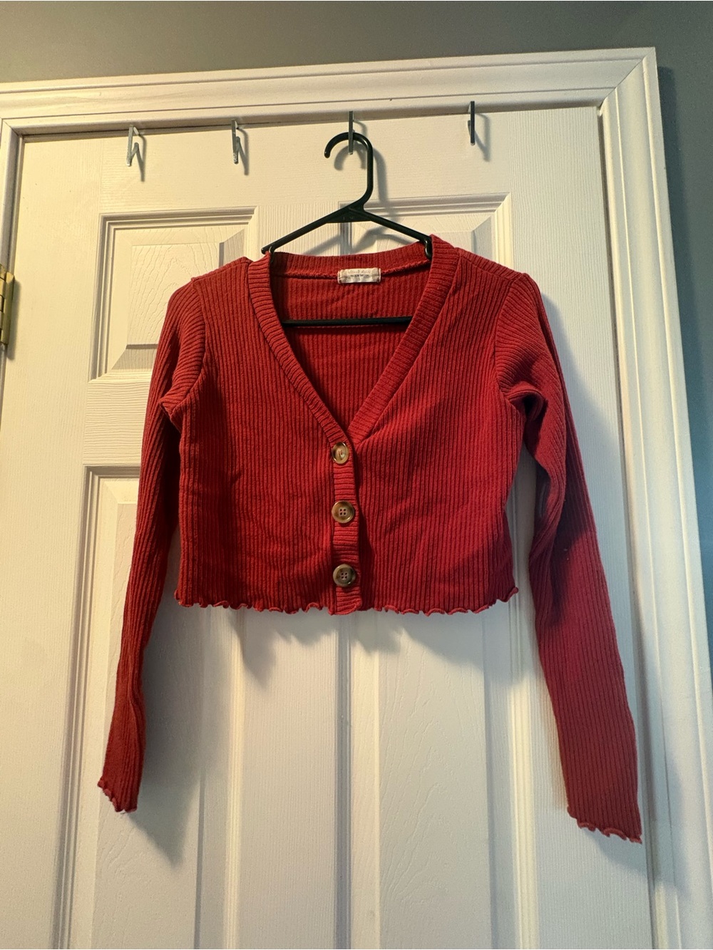 Altar'd State Rust Red Ribbed V-Neck Button Cardigan